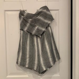 Gray and white striped strapless romper